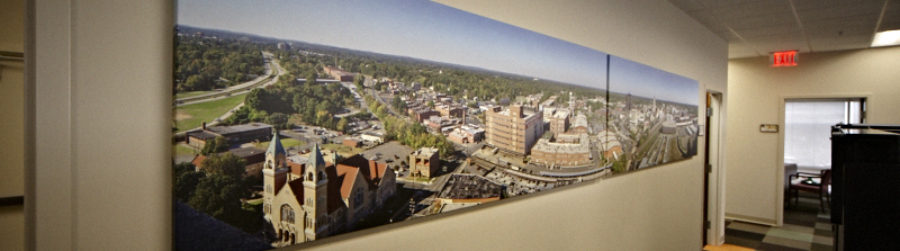 Large canvas of downtown Durham panorama in Chamber of Commerce offices